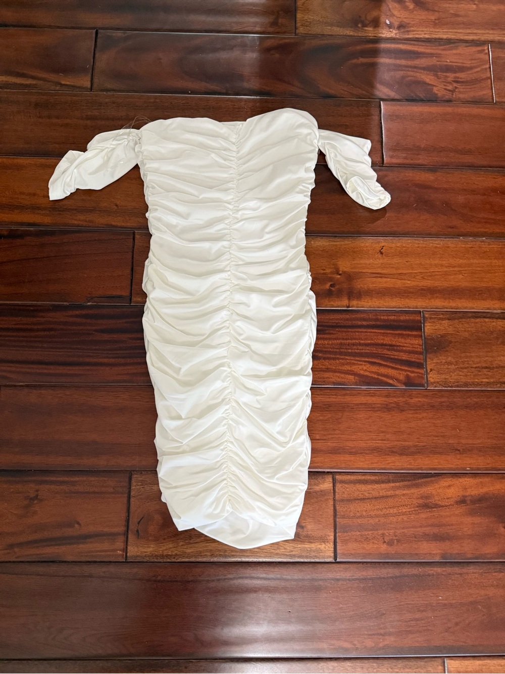 Fashion Nova Cream Satin Dress with Ruched Detail